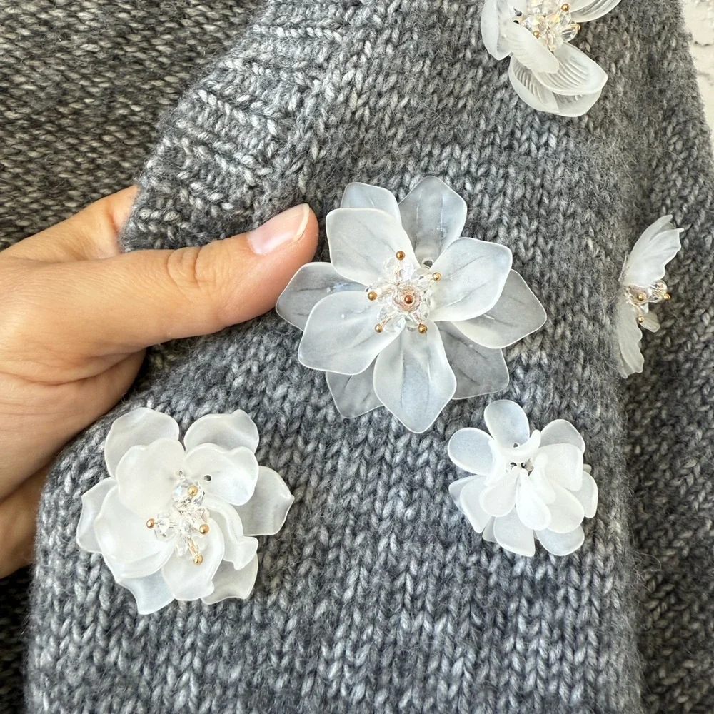 C&C California charcoal gray knit cardigan with floral appliques XL